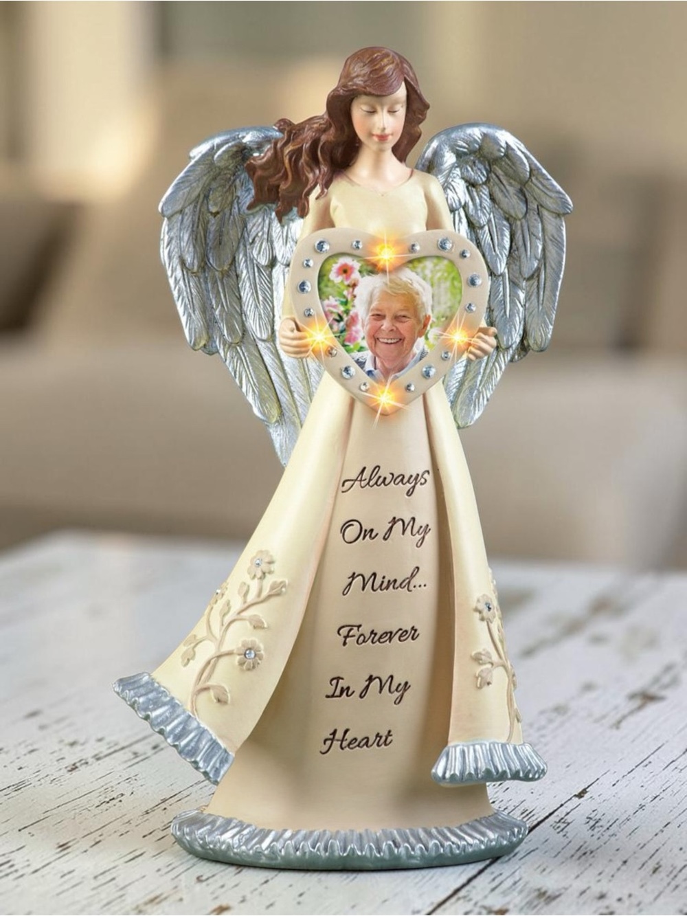 Collections Etc Lighted Memorial Angel Figurine Heart Photo Frame - NEW